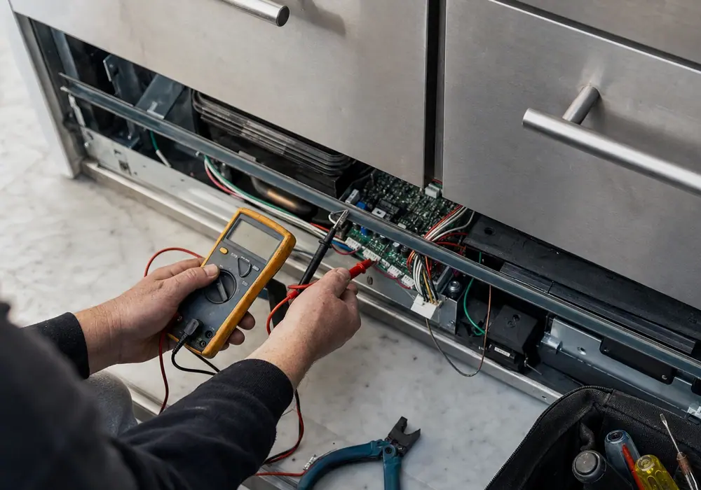 The panel comes off before anything is quoted — diagnosis in a Escondido kitchen